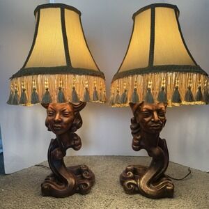 VTG Universal Statuary African Bust Table Lamps Pair Brown Chalkware MCM Fringe